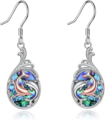 Sterling Silver Abalone Shell Dolphin Dangle Drop Earrings