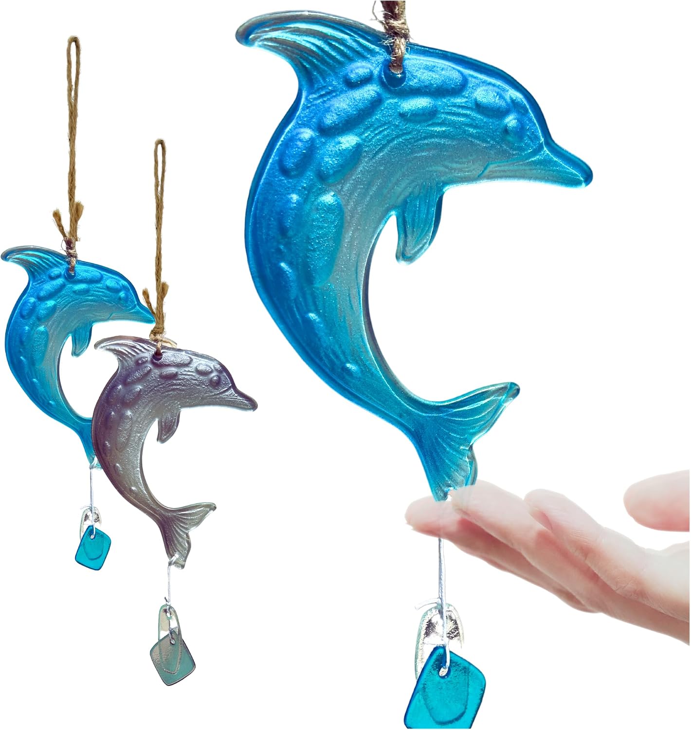 Set of 2 Beachy Glass Dolphin Ornaments with Natural Twine