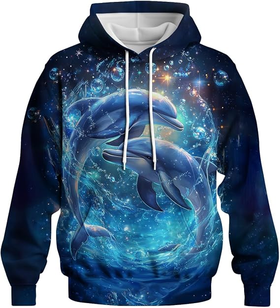 Dolphin Hoodies, Casual Animal Printed Hooded Sweatshirt