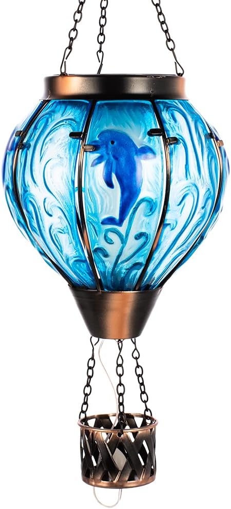 Blue Dolphin Hot Air Balloon Solar Lantern with Flame Flickering Light
