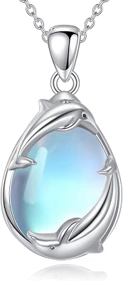 Dolphins Necklace, Sterling Silver Moonstone Pendant