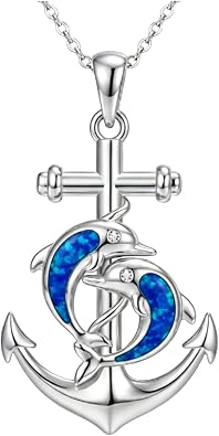 Dainty Blue Opal with Genuine Diamond Anchor Dolphin Pendant